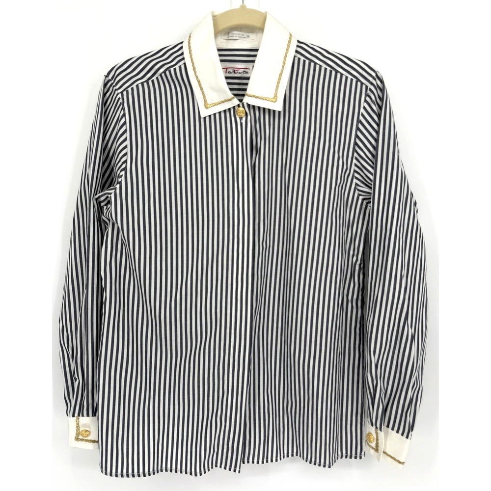 Talbots Navy White Pinstripe‎ Button Down Shirt Blouse Gold Trim Collar Size 6